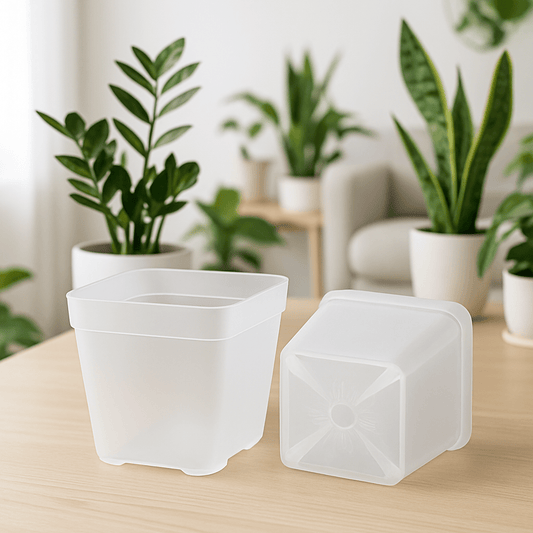 Square transparent plastic pots with drainage holes, perfect for cuttings and indoor plants, durable and easy - to - clean design for indoor/outdoor use. - Plant - O - Folles